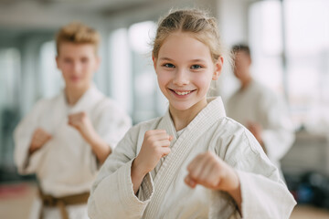 Young Girl Practicing Karate in Dojo Smiling Confidently with Classmates — Kids Martial Arts Training, Discipline, and Fun in White Gi Uniform