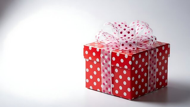 Red gift box with white polka dots and transparent ribbon bow on light background – festive Christmas birthday holiday celebration present packaging mockup with copy space
