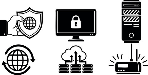 Minimalist flat design cyber security icon set with server tower, cloud backup, secure monitor and wifi router in black monochrome style on white background