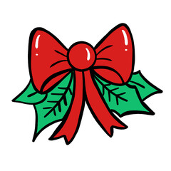 Cute Red Christmas Bow with Holly Leaves Cartoon Illustration