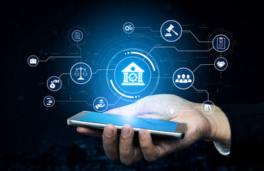 Futuristic digital law interface displaying justice scale, highlighting digital law, AI compliance, digital law systems, and digital law regulations for secure governance. Spline