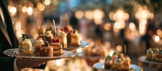 Naklejka premium Elegant Dessert Presentation - A Waiter Serving Delectable Treats at an Event.