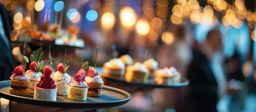 Elegant Dessert Display at a Festive Event with Bokeh Lights.