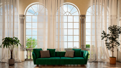 Fototapeta premium Large luxury modern bright interiors Living room mockup illustration 3D rendering image