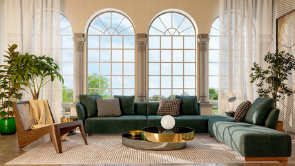 Fototapeta premium Large luxury modern bright interiors Living room mockup illustration 3D rendering image