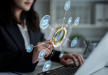 A business professional engages with advanced digital data using a holographic interface, showcasing modern technology role in enhancing decision-making and productivity. Crux