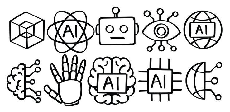 Set of hand drawn Artificial intelligence theme Isolated Vector