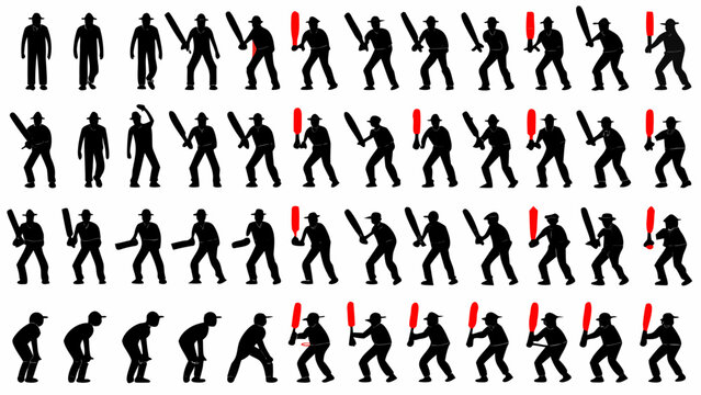 Dynamic cricket player silhouettes in action, perfect for sports branding and game visuals, conveying energy and competitive spirit, originally vector graphics