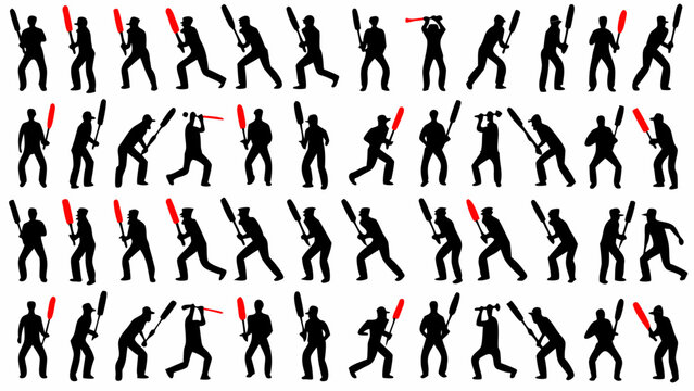 Dynamic cricket players in action poses, ready to strike with bats, energetic sports silhouettes for team branding, league promotion, or fitness campaign