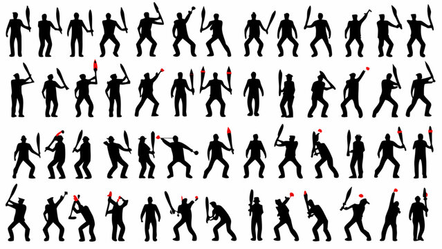 Dynamic silhouette collection of performers juggling clubs, creating a vibrant carnival or circus atmosphere and celebrating the art of skillful entertainment