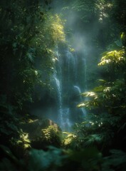 Fototapeta premium Enchanting Waterfall Scene - A Lush Oasis of Serenity and Natural Beauty.