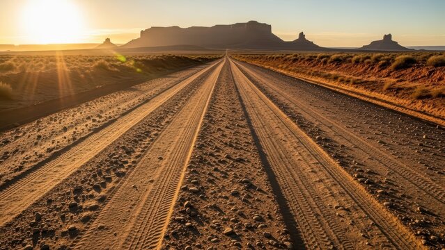 Desert road with tire tracks leading to monument valley at sunset
