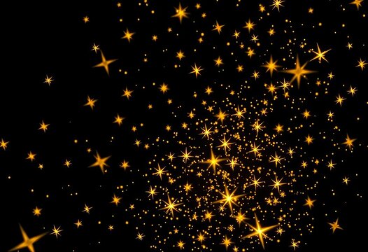 Sparkling gold stars scattered on a black background,  yellow,  texture