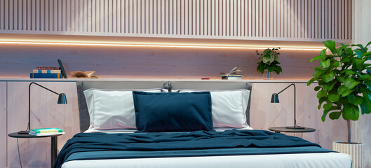 Large luxury modern bright bed room interiors 3D rendering illustration image