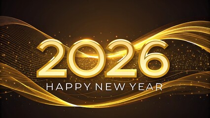 Golden 2026 happy new year celebration with abstract swirling light waves and glittering sparkles on a dark background