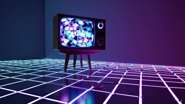 This mesmerizing video features a vintage television set amidst an abstract neon-lit environment. The colorful display and striking grid floor create a captivating atmosphere of retro-futurism.