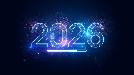 Futuristic glowing neon 2026 numbers with digital particles and light effects