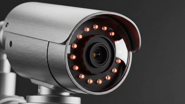 Secure surveillance footage showing modern security camera with infrared lights activated, perfect for safety and monitoring in any environment