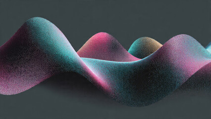 Abstract digital art featuring undulating waves composed of myriad glowing particles in vibrant pink, blue, and yellow gradients on a dark background.