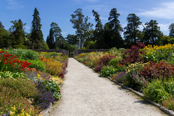 a colorfull flower field along a footpath at the powerscourt garden in enniskerry, ireland