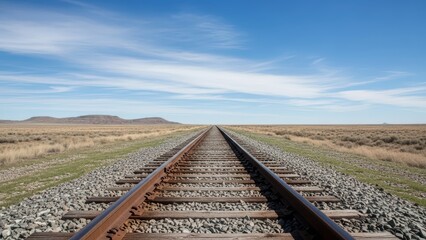 Endless railroad tracks on open desert landscape under clear blue sky