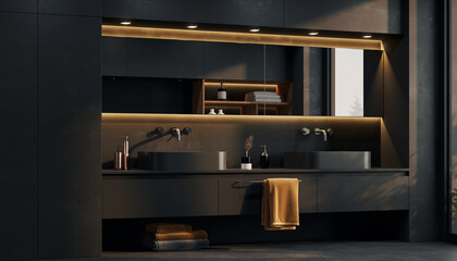 Modern luxury bathroom with sleek vanity, double sinks, and warm ambient lighting, creating an elegant and sophisticated atmosphere