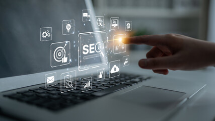 SEO concept for improving SEO visibility, with SEO related digital tools and SEO performance icons shown in an focused layout for strategic marketing. Spline