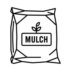 Simple line art icon of a bag of mulch with a sprout growing from it