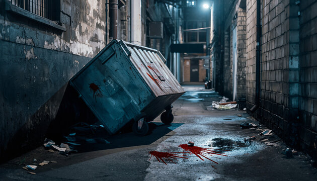 Gritty urban alleyway at night, revealing an overturned dumpster amidst scattered trash and unsettling bloodstains, suggesting a dark and mysterious event