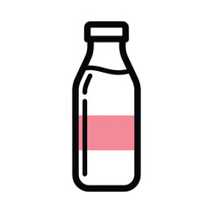 Simple line art illustration of a glass bottle filled with milk and a pink label