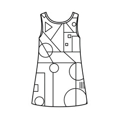 Line art drawing of a sleeveless a line dress with geometric shapes pattern