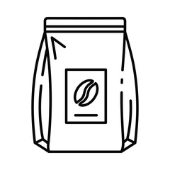 Simple outline drawing of a bag of coffee beans with a coffee bean icon on the label