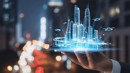 Hand Holding Tablet Showing Digital Futuristic Smart City Hologram with Flying Drones
