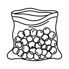 Simple black and white line drawing of a clear plastic bag filled with small round marbles or beads