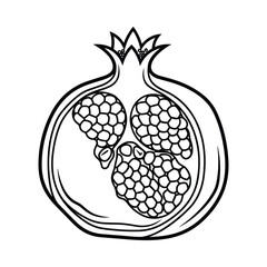 Line art illustration of a pomegranate cut in half revealing arils