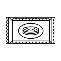 Simple black and white line drawing of a cookie in a wrapper with scalloped edges