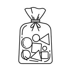 Simple line art illustration of a transparent bag filled with geometric shapes
