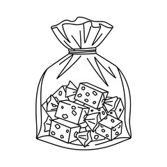 Hand drawn illustration of a clear plastic bag filled with cheese cubes
