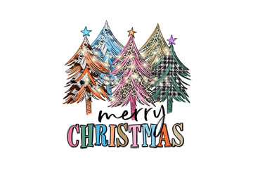 "Merry Christmas" with Colorful Patterned Doodle Trees illustration Sublimation Design