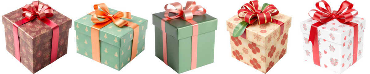 Fototapeta premium An assortment of five intricately wrapped gift boxes featuring unique patterns and colorful ribbons tied with elegant