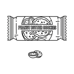 Line art illustration of peanut butter cookies in packaging with a single cookie and bowl