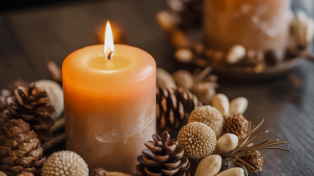 Close up of a lit candle surrounded by pine cones and other decorations