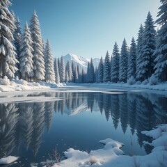 Tranquil Winter Landscape with Snow-Covered Trees and Serene River.
