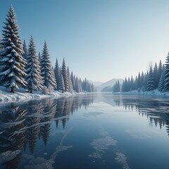 Tranquil Winter Landscape with Snow-Covered Trees and Serene River.
