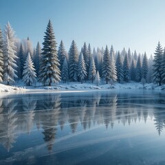 Tranquil Winter Landscape with Snow-Covered Trees and Serene River.
