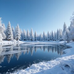 Tranquil Winter Landscape with Snow-Covered Trees and Serene River.
