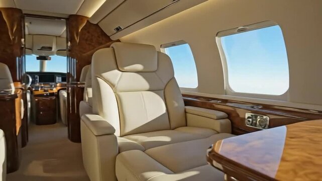 Experience luxury travel in a private jet, soaring above the clouds in style and comfort inside a modern airplane cabin with premium seating