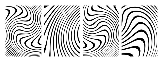 Waves backgrounds. Abstract stripes with hypnotic distortion effects. Psychedelic distorted wave backgrounds. Black and white texture. 