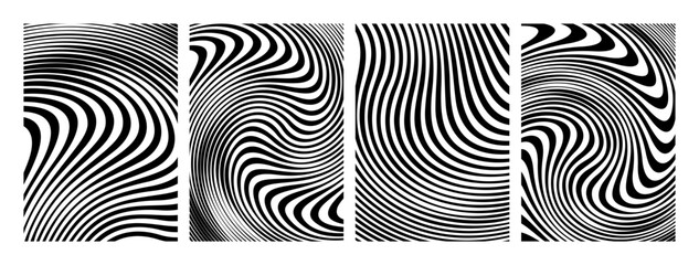 Waves backgrounds. Abstract stripes with hypnotic distortion effects. Psychedelic distorted wave backgrounds. Black and white texture. 
