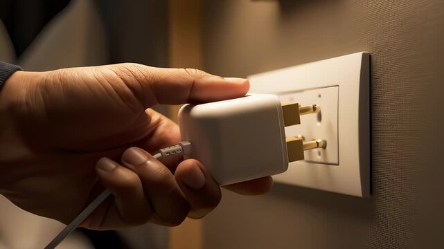 Hand Plugs in White Adapter to Electrical Outlet in Room